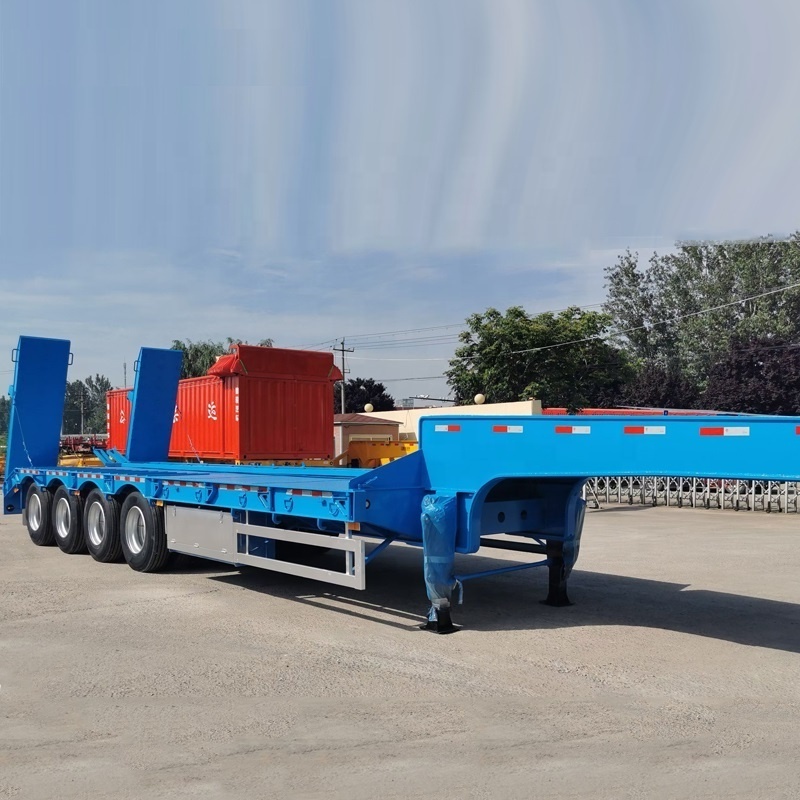 Factory price three axles 60T Low bed flatbed lowboy Semi Trailer with hydraulic ramp 3/4 axle stepframe lowboy trailer truck