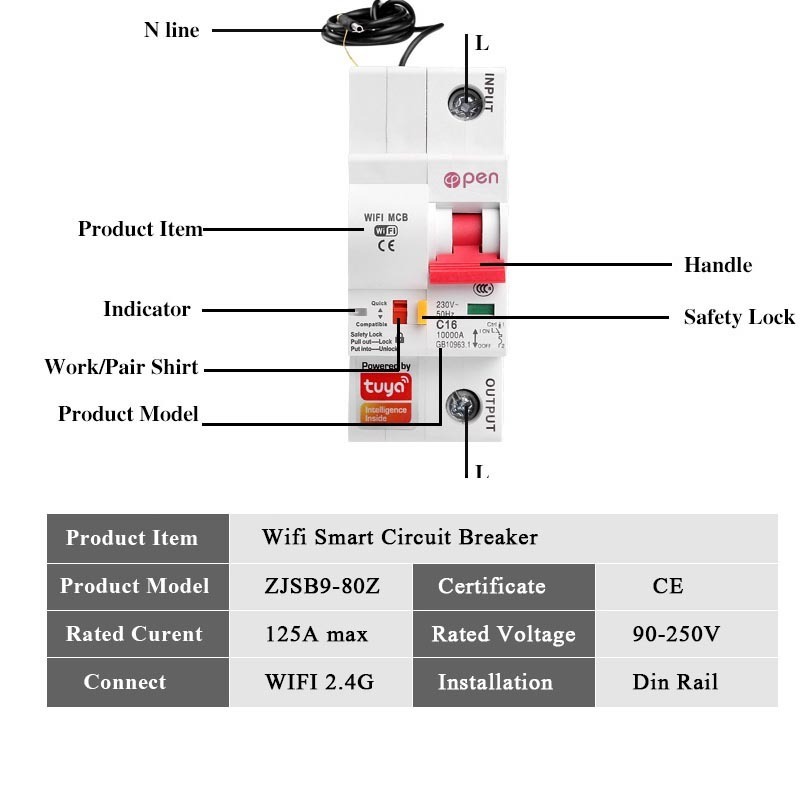 Tuya WiFi Smart Circuit Breaker 1P 16A-100A Automatic Switch Overload Short Circuit Work With Alexa Tuya App Smart MCB