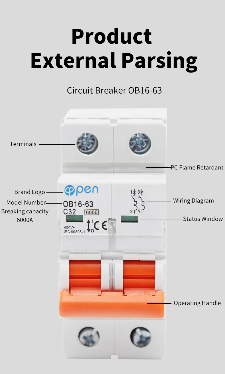 Open Electric MCB AC 220V 380V Mini Miniature Circuit Breaker 1P 2P 3P 4P 6A 16A 32A 40A 50A 63A 80A 100A 125A Air Switch CE