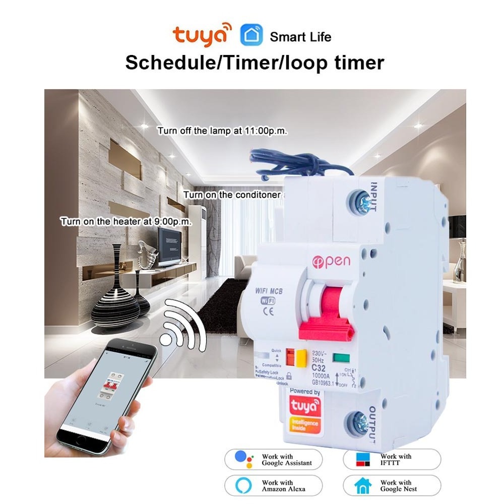 Tuya WiFi Smart Circuit Breaker 1P 16A-100A Automatic Switch Overload Short Circuit Work With Alexa Tuya App Smart MCB