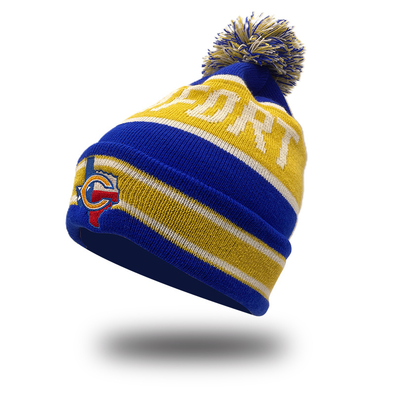 Wholesale Winter Ski Hat Toque Embroidery Logo Knitted Striped Beanie Hat With Pom Pom