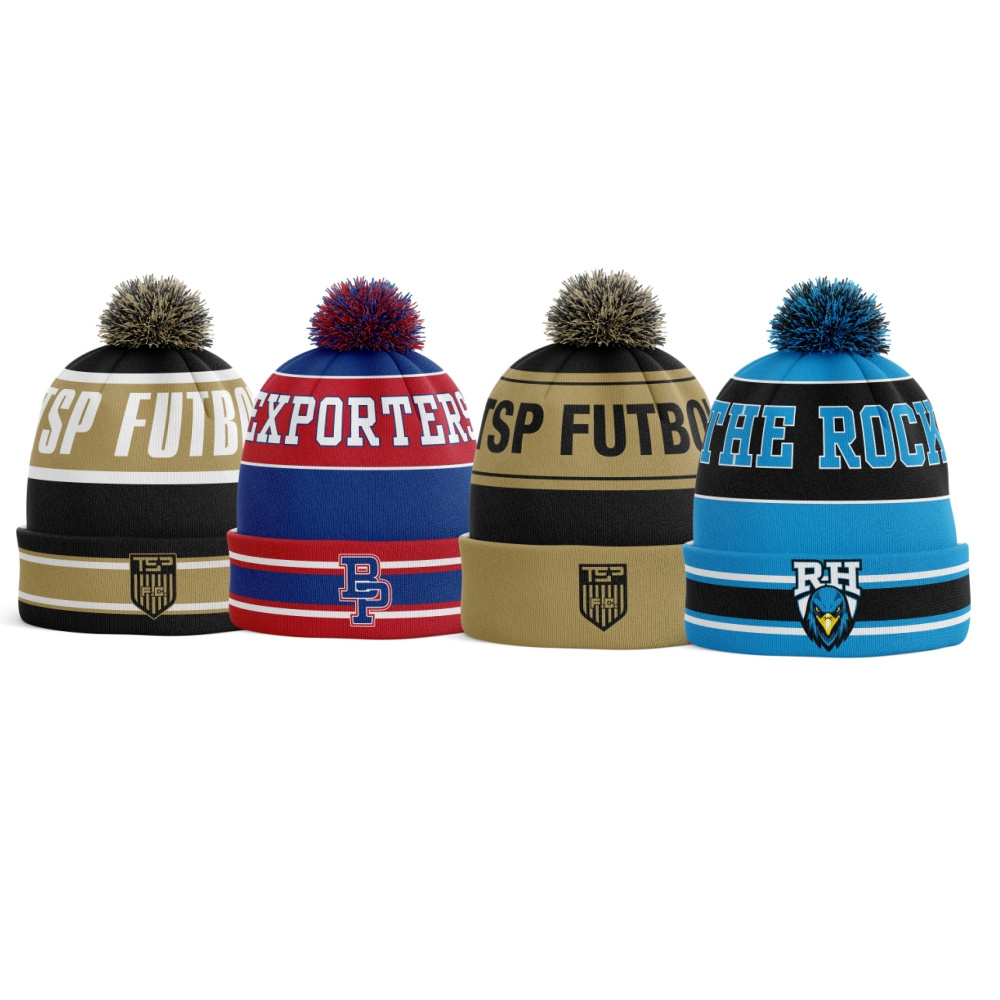 Custom Logo Embroidered Knitted Bobble Hat Acrylic Beanies With Pom Pom