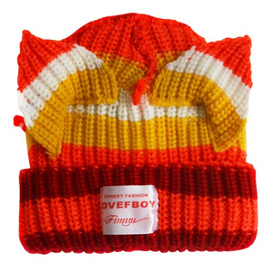 Custom Oem Children Knitted Cat Beanie Striped Winter Warm Cap Crochet Beanies With Animals Ears