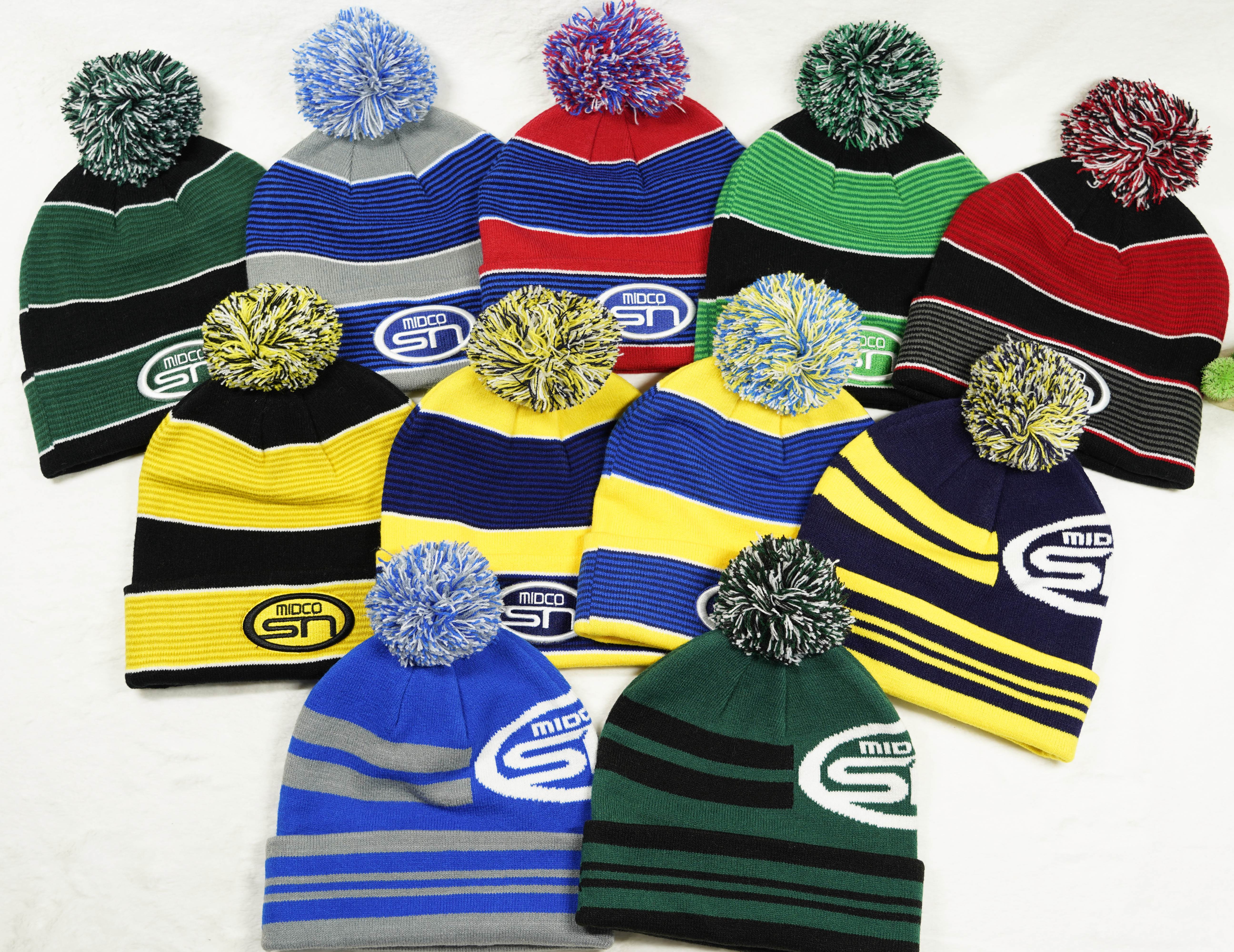 Custom Men Women Cool Running Winter Hat Two Tone Rib Striped Knit Acrylic Vintage  Pom Pom Beanie