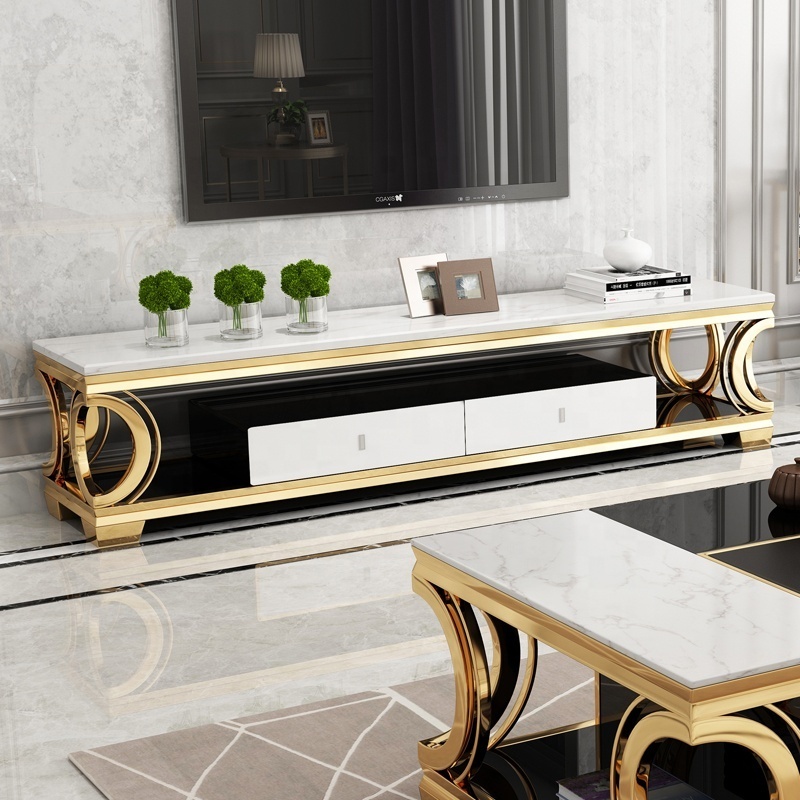 Latest Release TV Stand Furniture Mirrored Marble Top TV Media Cabinet Customized Narrow Long Low TV Unit Storage Organizer