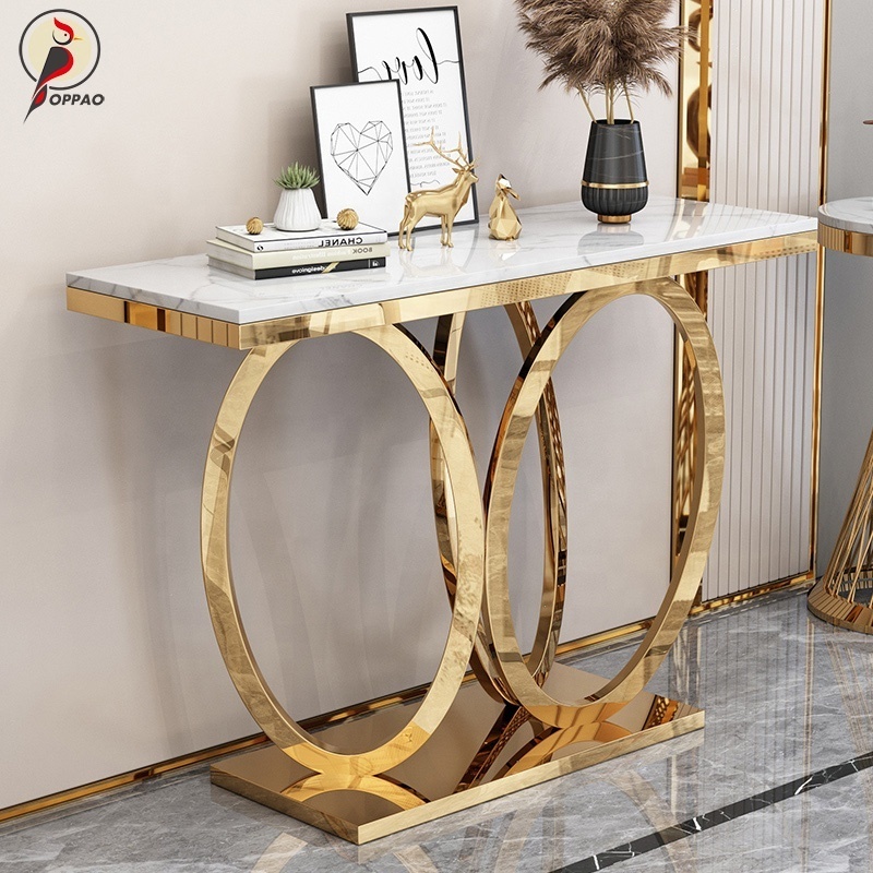 Baroque Style Stainless Steel Console Table Gold Square Narrow Entry Table Long Living Room Furniture