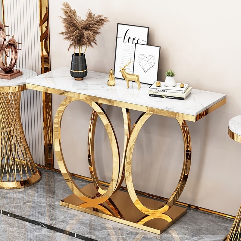 Baroque Style Stainless Steel Console Table Gold Square Narrow Entry Table Long Living Room Furniture