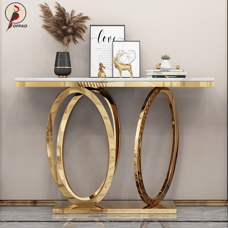 Baroque Style Stainless Steel Console Table Gold Square Narrow Entry Table Long Living Room Furniture