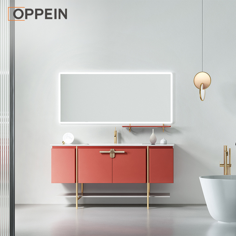 OPPEIN sinks faucets led vanity mirror red white sintered stone top luxury bathroom vanity floating bathroom cabinet