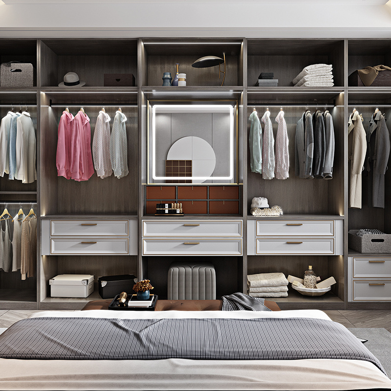 OPPEIN Renaissance Grey Double Walldrobes L Shaped Bedroom Design Wooden Sliding Door Armoire Wooden Wardrobes 4 Door