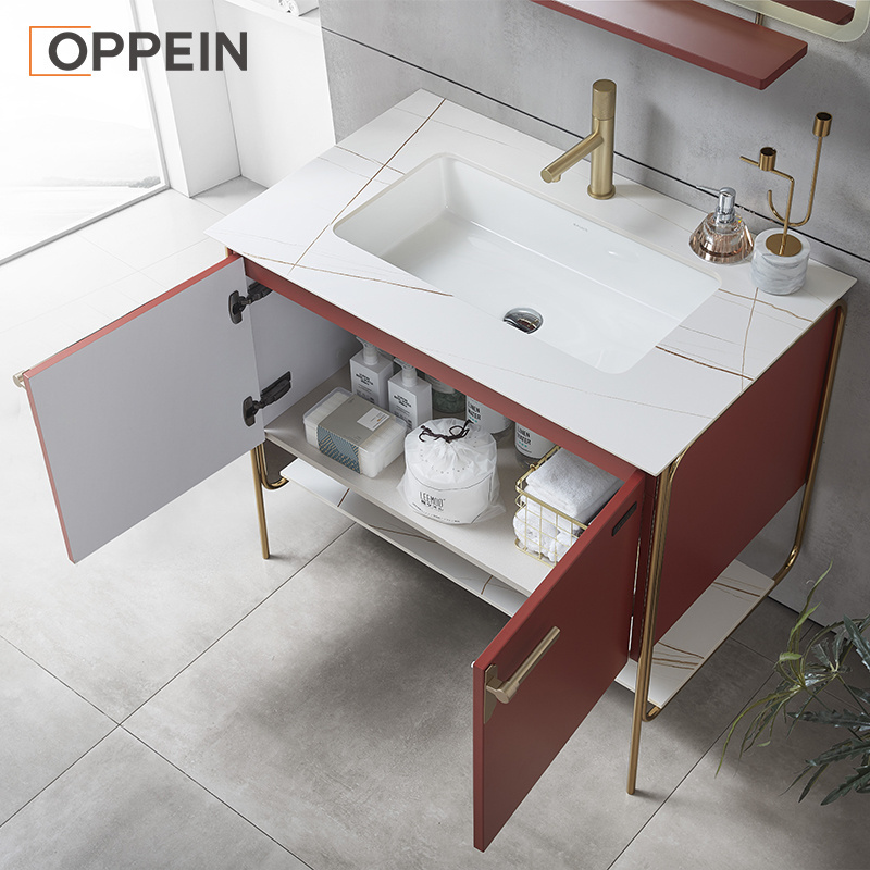 OPPEIN sinks faucets led vanity mirror red white sintered stone top luxury bathroom vanity floating bathroom cabinet