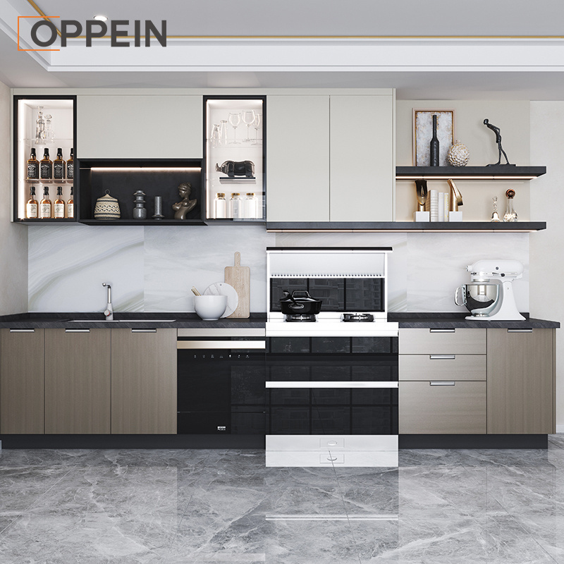 OPPEIN Aluminum Pvc Top Kitchen Full Set Furniture Cabinet Set Price Kitchen Cabinet with Stove Modern Quartz Stone Kitchen Hot