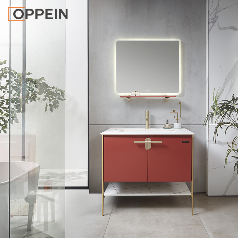 OPPEIN sinks faucets led vanity mirror red white sintered stone top luxury bathroom vanity floating bathroom cabinet