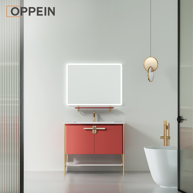 OPPEIN sinks faucets led vanity mirror red white sintered stone top luxury bathroom vanity floating bathroom cabinet