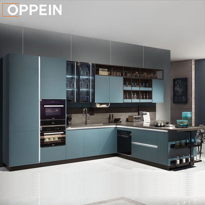 OPPEIN Home Small Kitchen Cabinet Modern Import Pullout Kabinet Blue Industrial Kitchen Design Furniture Kitchen