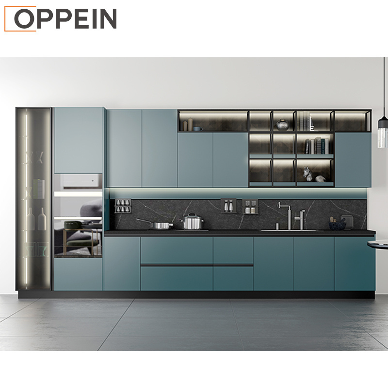 OPPEIN Home Small Kitchen Cabinet Modern Import Pullout Kabinet Blue Industrial Kitchen Design Furniture Kitchen