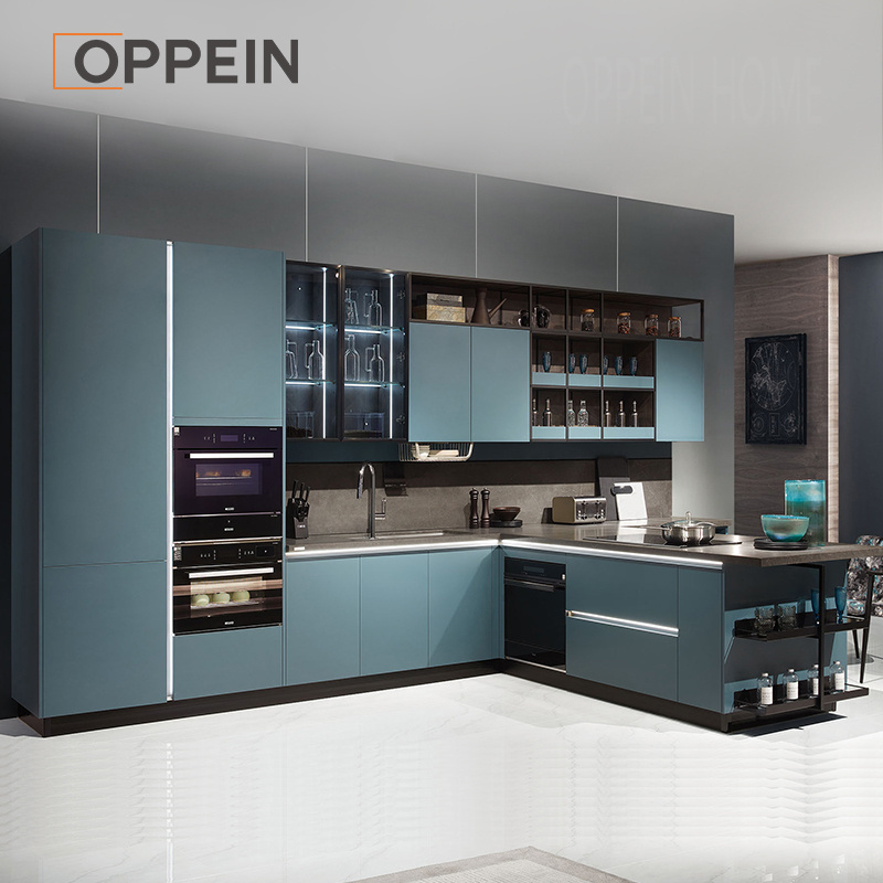 OPPEIN Modern Italian Pvc Door Cucina Complete White And Blue plywood Pantry Cupboard 3D Kitchen Cabinet