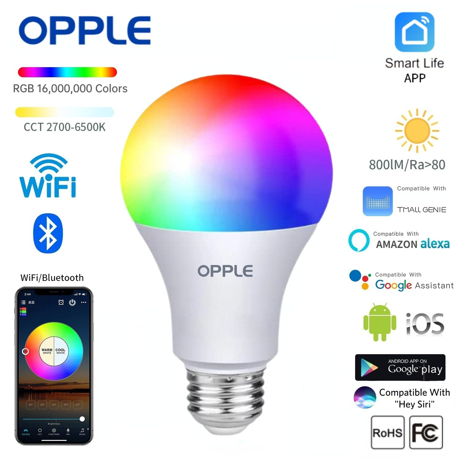 OPPLE RGB Bulb 120V-240V E26 17W Home LED Lamp 1600Lm Bluetooth Voice Control Dimmable Alexa Google Siri RGB Led Smart Blub