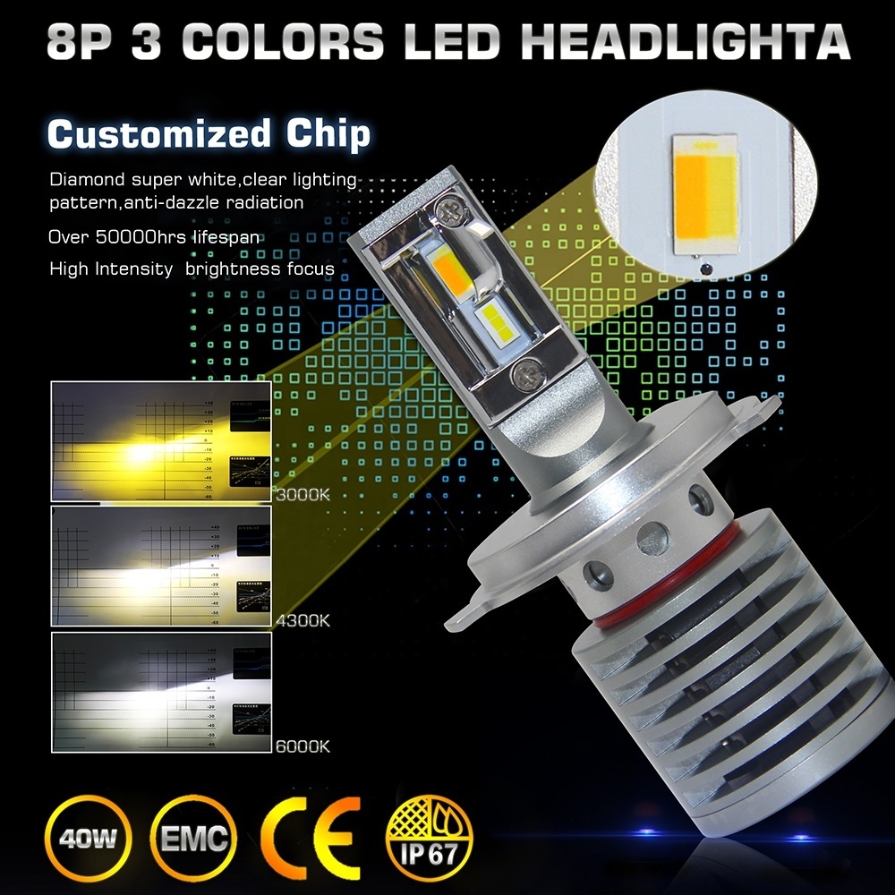 Dual color h4 automotive led headlight 48w 10000LM 6000K 4300k 3000k H11 H7 9005 9006 ed headlight bulbs