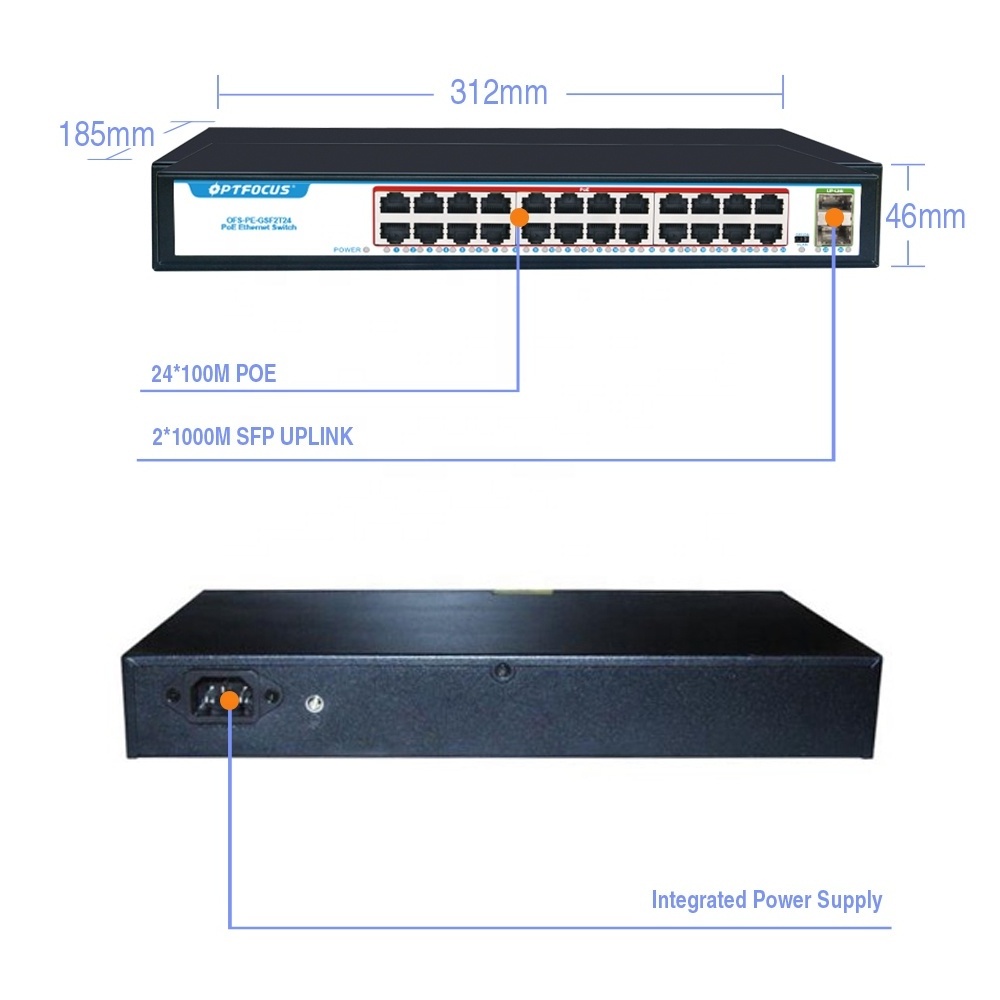 Factory OEM/ODM 10G Uplink SFP+ Unmanaged 100M 24 Port Ethernet Network POE Switch With 2 Gigabit Optical Fiber SFP Slots