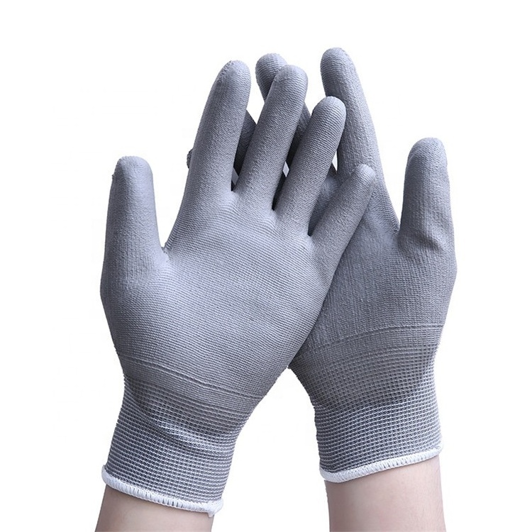 Gray PU Coated Palm Gloves PU Coating Rubberized Gloves 13 Needle Nylon Dip Hanging Rubber Stain Resistant Non-slip Gloves