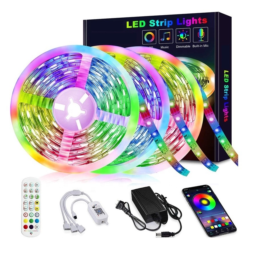 Waterproof 12V 5050 RGB Bluetooth 18LED 30LED 5M 10M 15M 20M 30M LED Strip Lights with Remote Control Power Adapter Roop Light