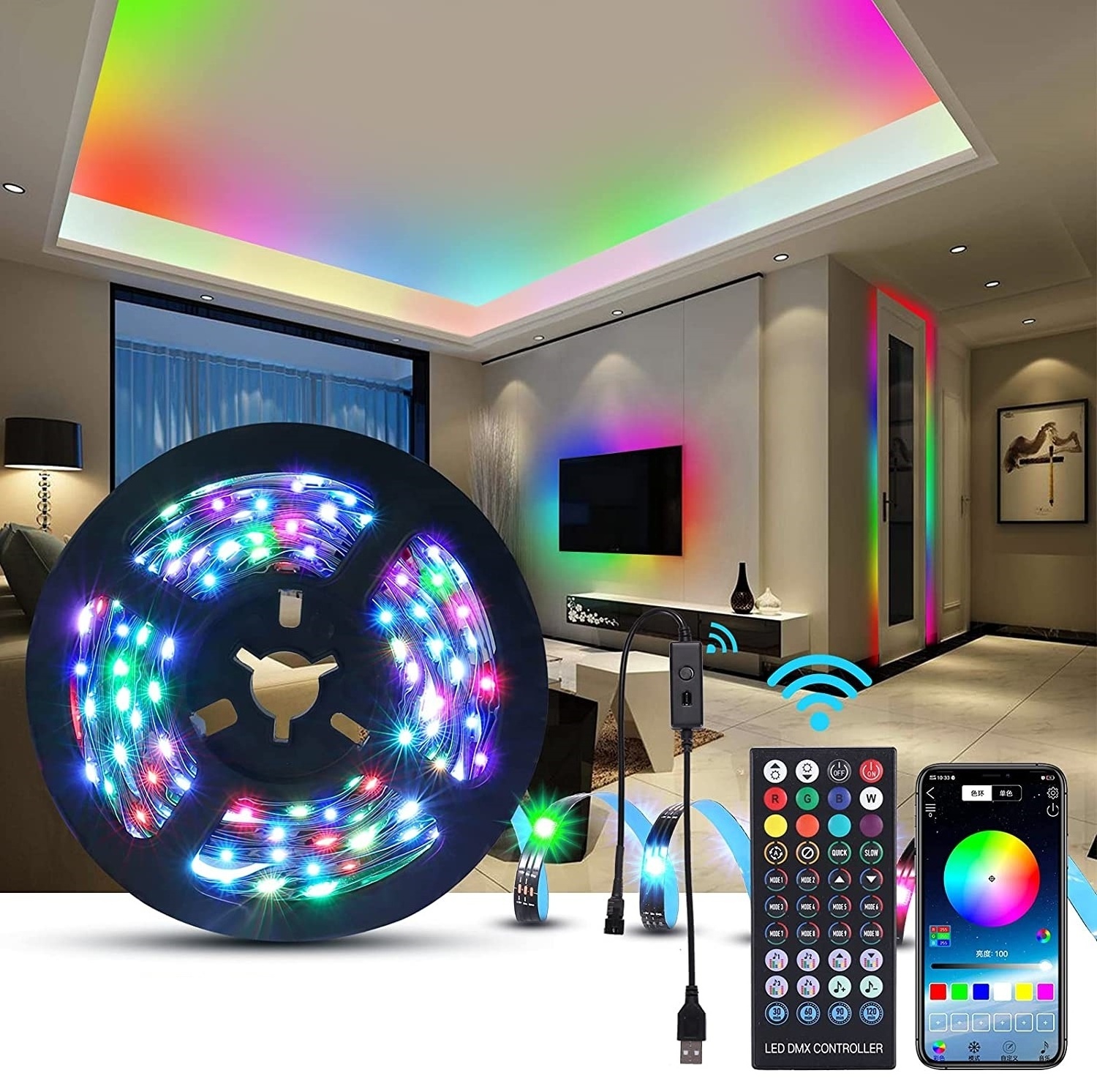 Waterproof Flowing Flexible Dream Color LED Smart Strip Light RGBIC Remote Bluetooth Phone APP Control Controller USB For TV