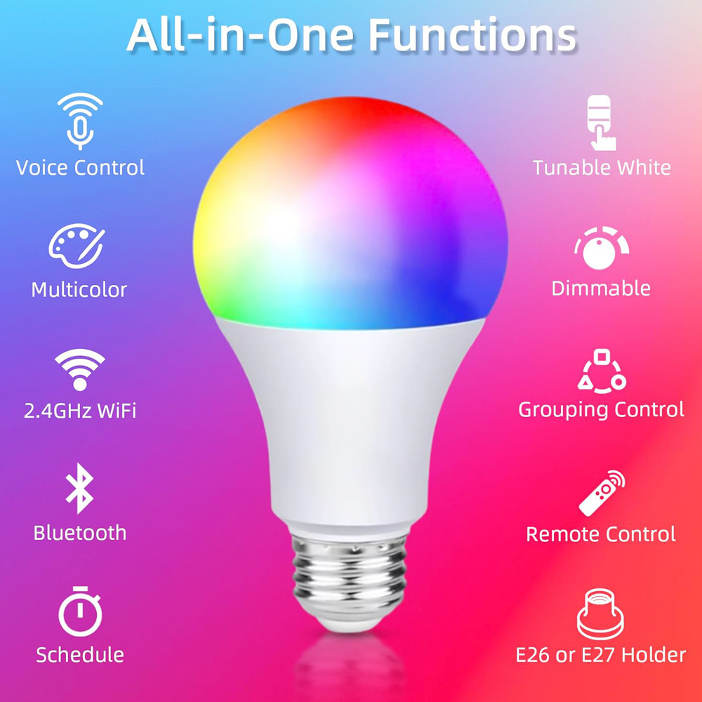 E26 E27 B22 A60 A19 9W 12W 15W RGB CCT Multi Color Bluetooth WiFi Alexa Voice Control Smart Home Dimmable Light LED Bulbs