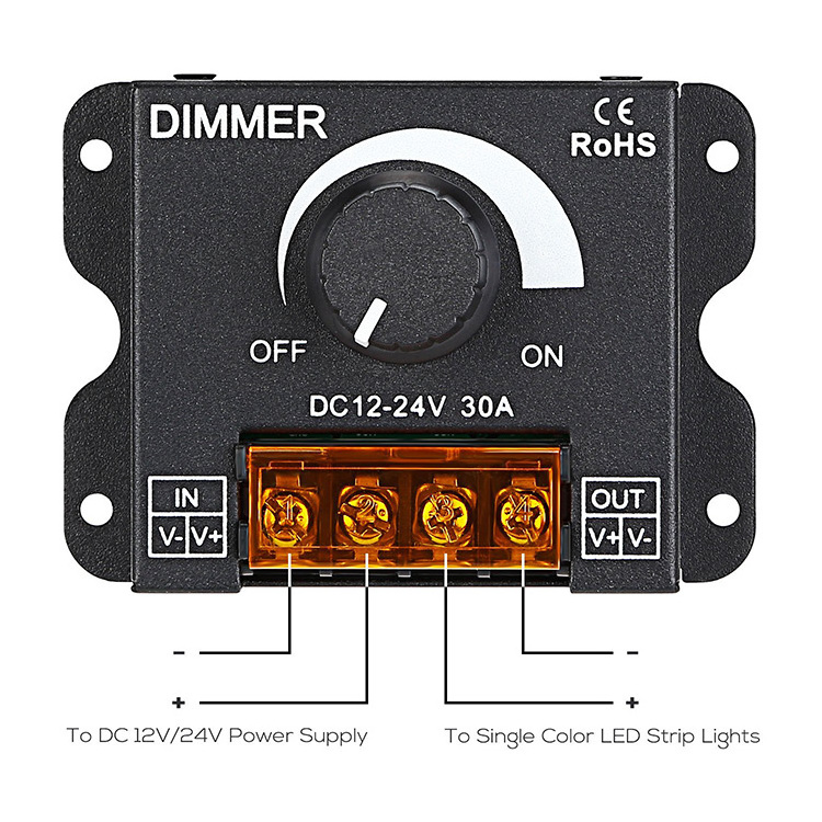 DC 12V 24V 30A 360W Adjustable Brightness Lamp Bulb Strip Driver Single Color Light Controller LED Light Rotary Dimmer