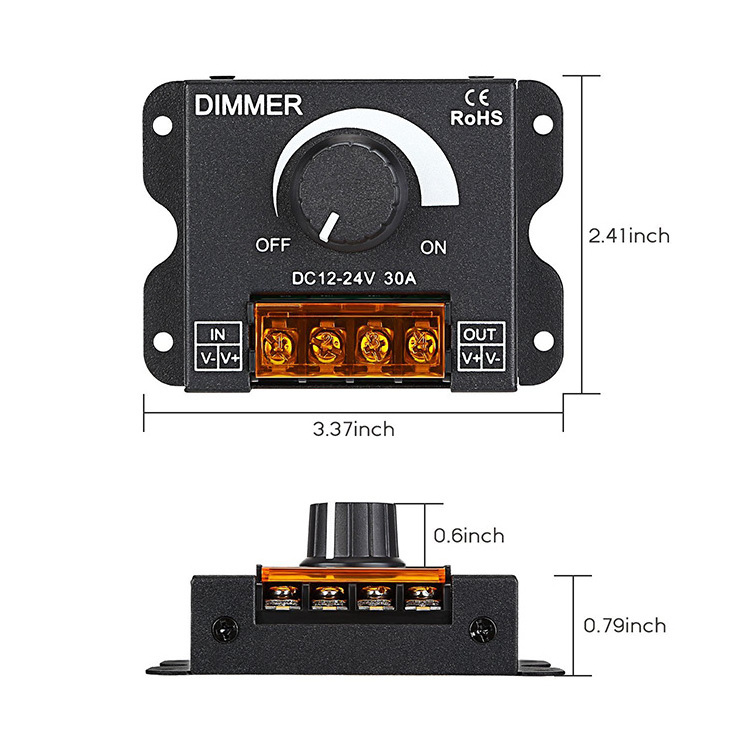 DC 12V 24V 30A 360W Adjustable Brightness Lamp Bulb Strip Driver Single Color Light Controller LED Light Rotary Dimmer