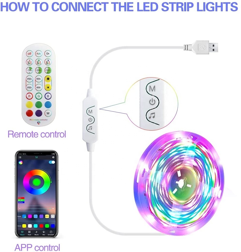 USB SMD5050 RGB 5V 24key 10m Music Sound Remote APP Control 14leds/m Smart TV Ambiance Backlight LED Strip Light