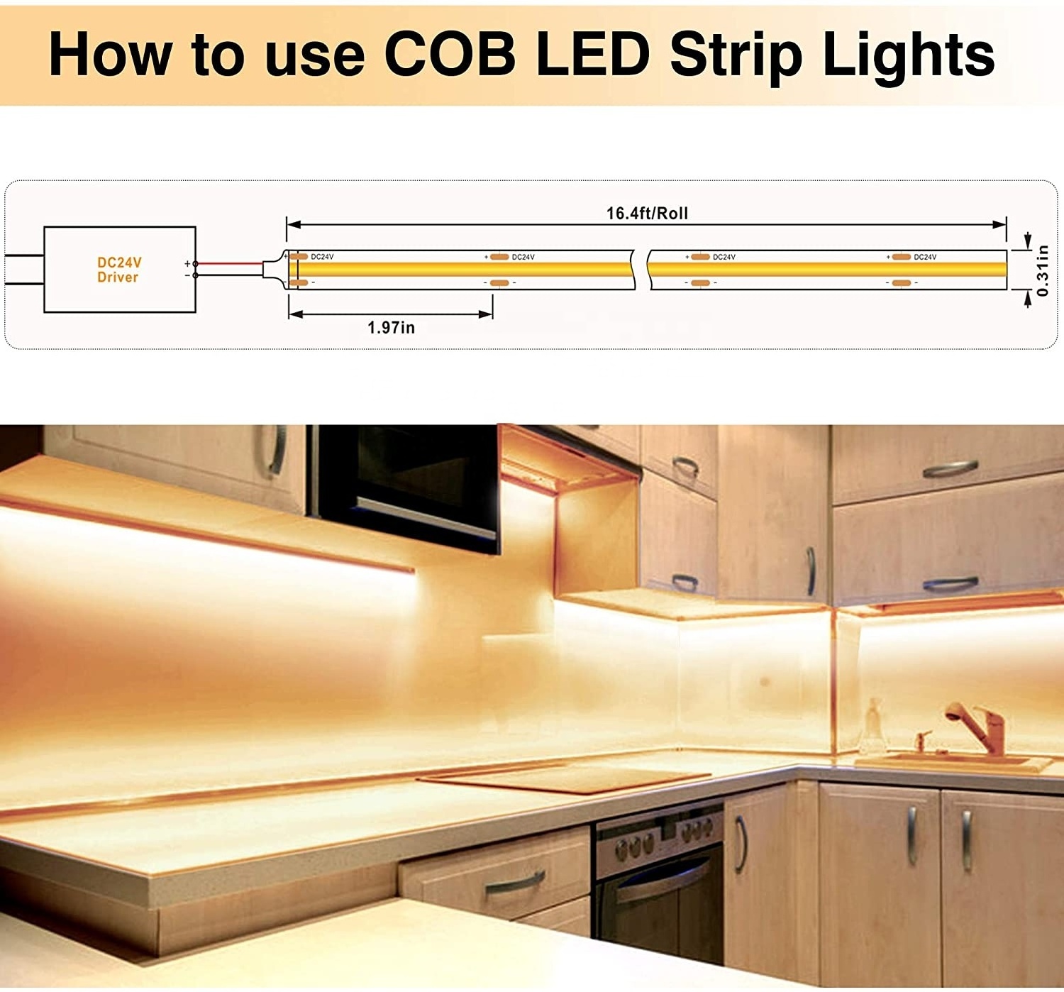 5M 16.4ft Long 320LED Dimmable Cabinet White Lighting Tape Bedroom Ceiling DC 12V 24V 8mm Flex COB Ribbon LED Strip Light