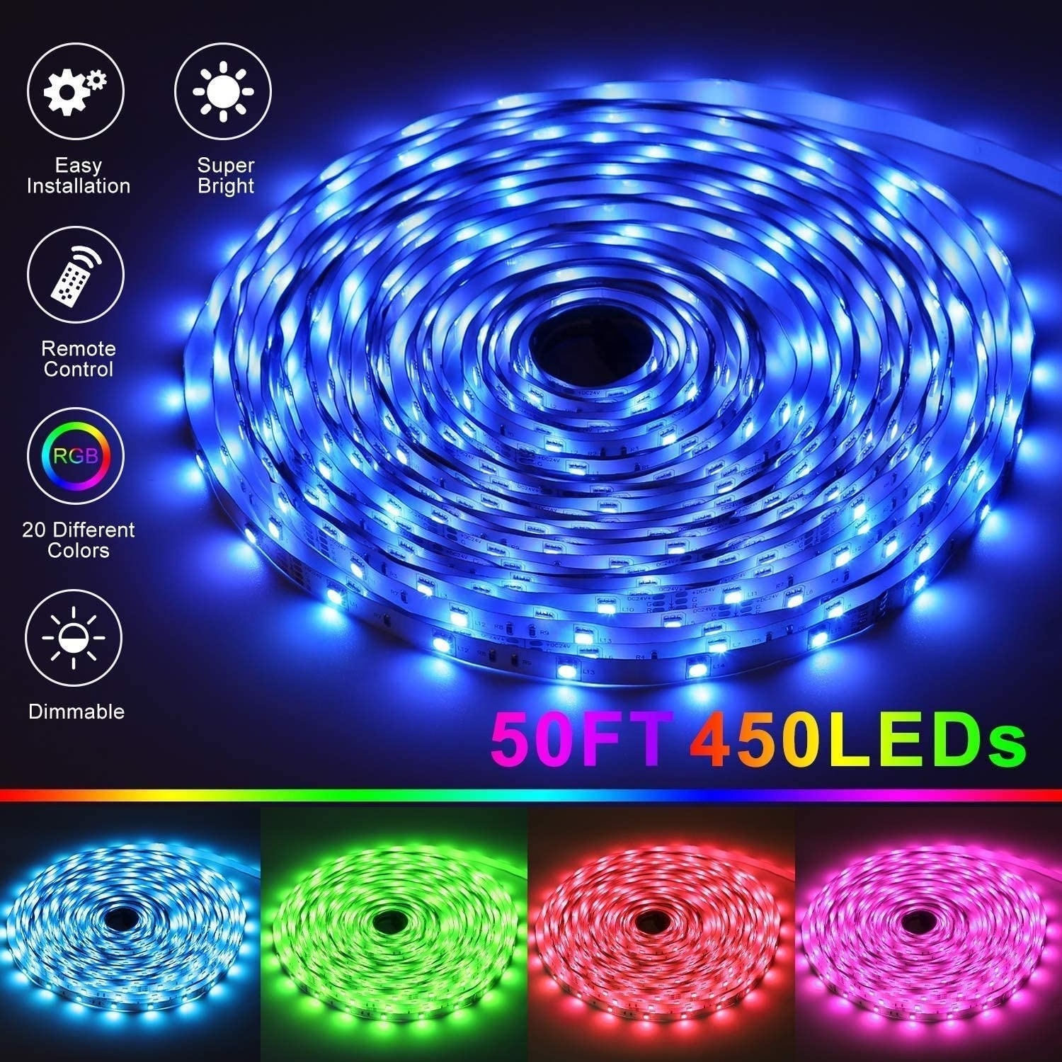 Color Changing LED Strips Light 50 Ft with 44Key IR Remote and DC24V Power Supply, Flexible 5050 RGB LED Tape Lights for Room