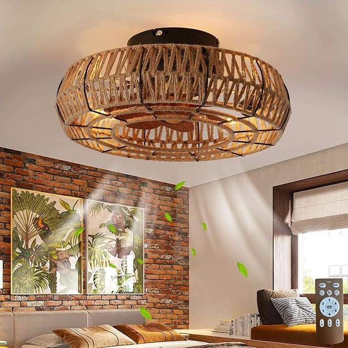 Wholesale Boho Rattan LED Fan Light For Kitchen Bedroom Office With Remote Controller American Retro Cage Ceiling Fan Lamp