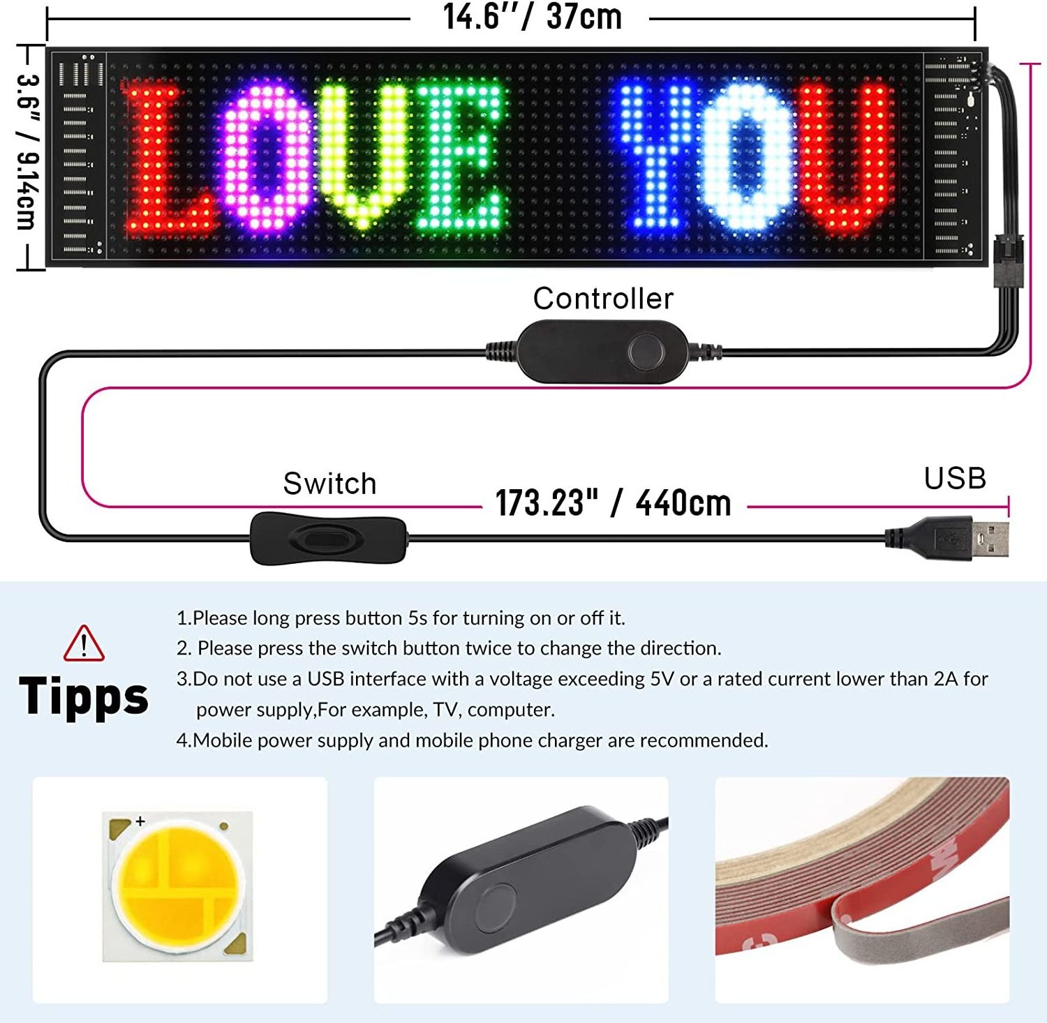 Scrolling Advertising LED Sign USB 5V LED Car Sign Programmable Sign Led Digital Screen Advertising Screen Store LED Display