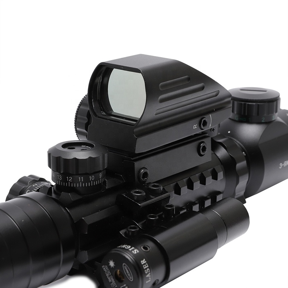 3-9x32 optical fishbone scope with red reflex sight and laser sights 3 in 1 red green dot illuminated scope combo