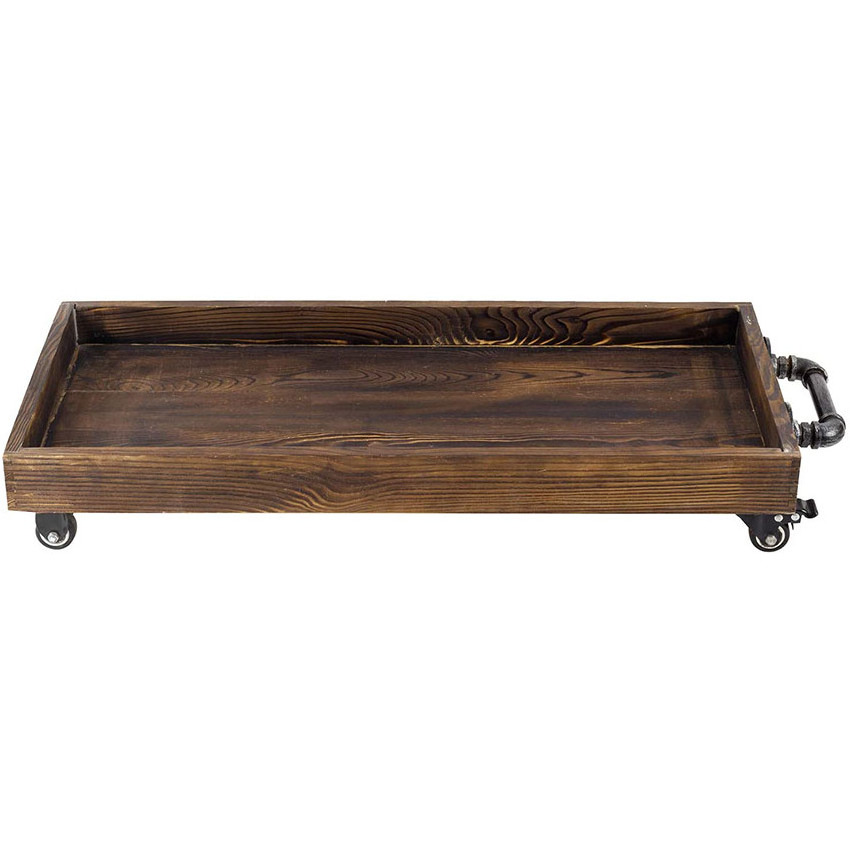 Custom Entryway Boots Mat Tray Rustic Wood Rolling Boot Tray With Metal Pipe Handles