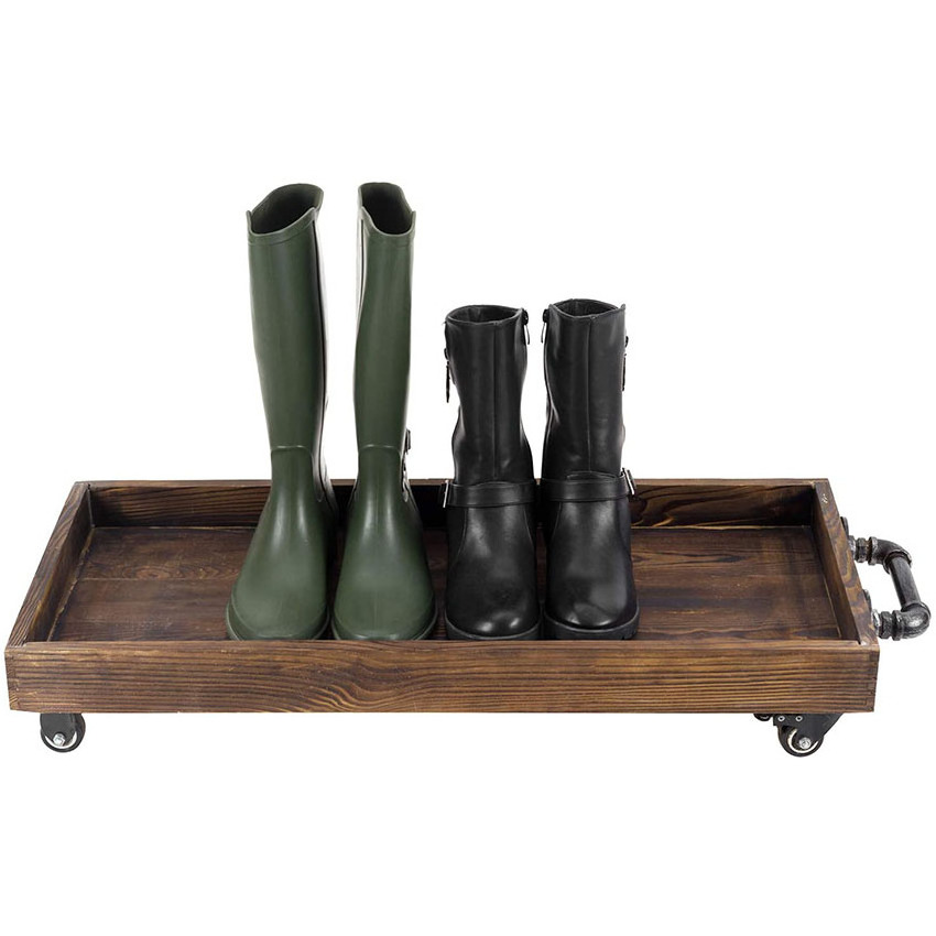 Custom Entryway Boots Mat Tray Rustic Wood Rolling Boot Tray With Metal Pipe Handles