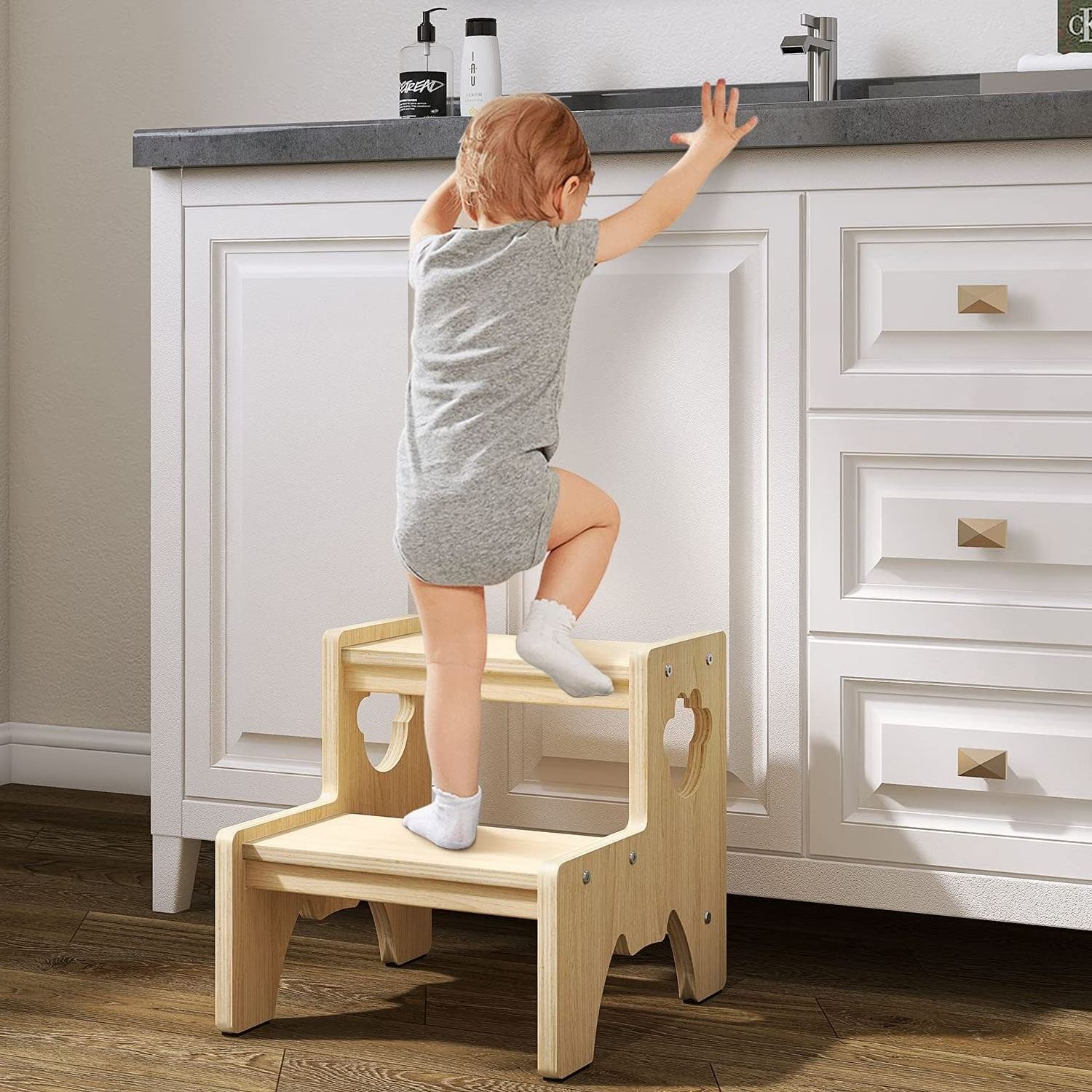 Wood Children's Wooden Toddler Stool Adult Two-step Stool for Living Room Bedroom Kitchen Bathroom