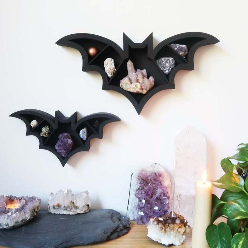 Halloween Gothic Bat Wall Shelves Wood Hanging Spooky Black Bat Crystal Shelf Horror Home Decor