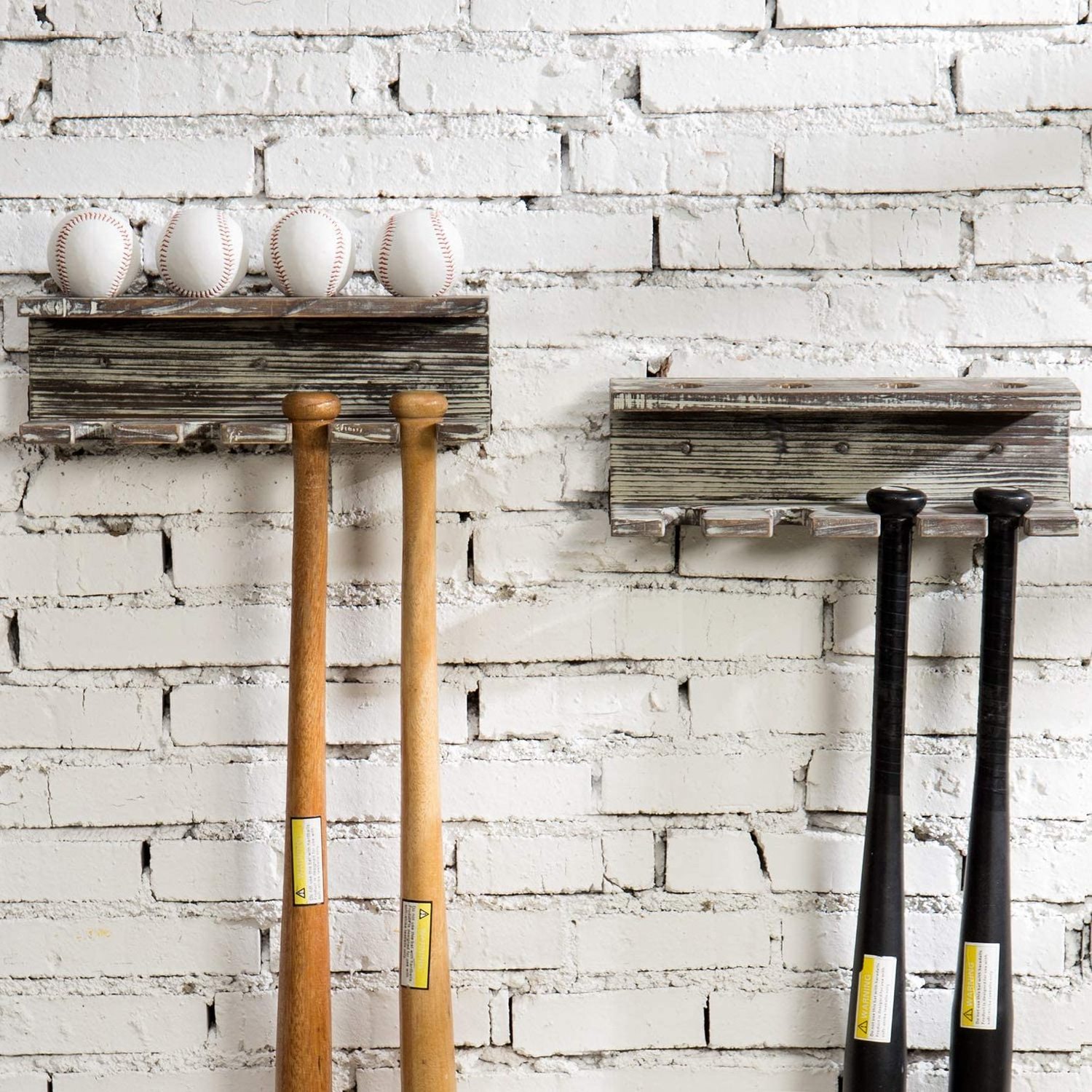 Rustic Torched Wood Wall Mounted Baseball Bat Rack and Ball Storage Shelf, Set of 2