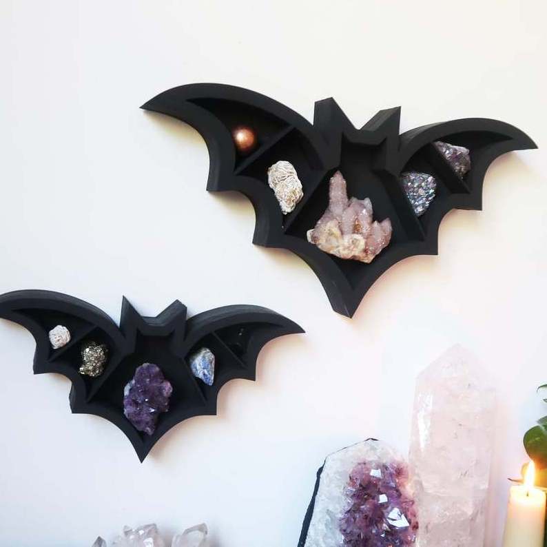 Halloween Gothic Bat Wall Shelves Wood Hanging Spooky Black Bat Crystal Shelf Horror Home Decor