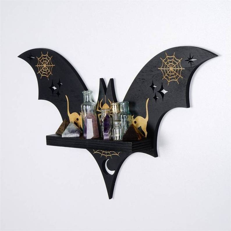 Black Bat Gothic Wall Decor Shelf Halloween Witch Decoration Wall Hanging Bat Decor with Shelf