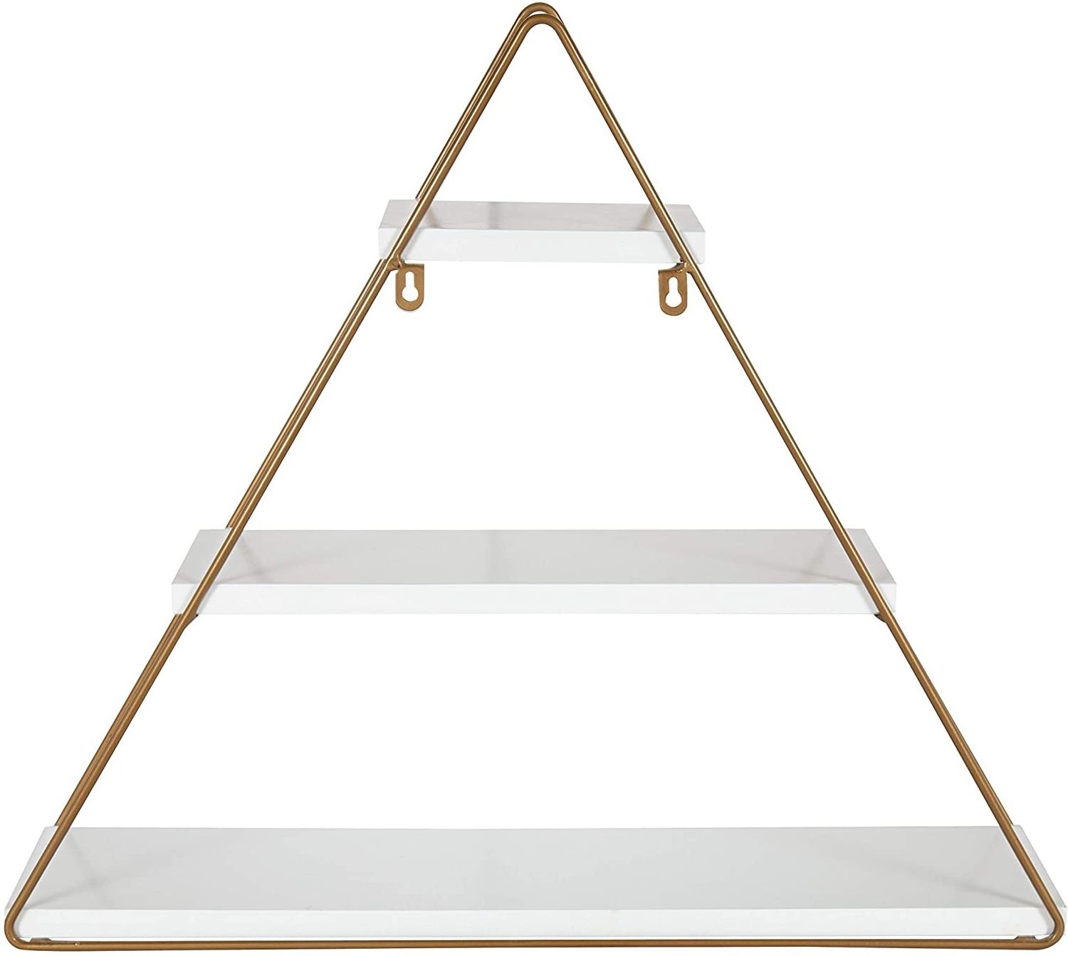 Small Three Tiered Triangle Floating Metal Wall Shelf, White and Gold