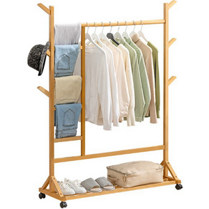 Wooden Heavy Duty Freestanding Garment Tree Rack with Universal Wheel Display Clothing Rack Floor-standing with Shelves