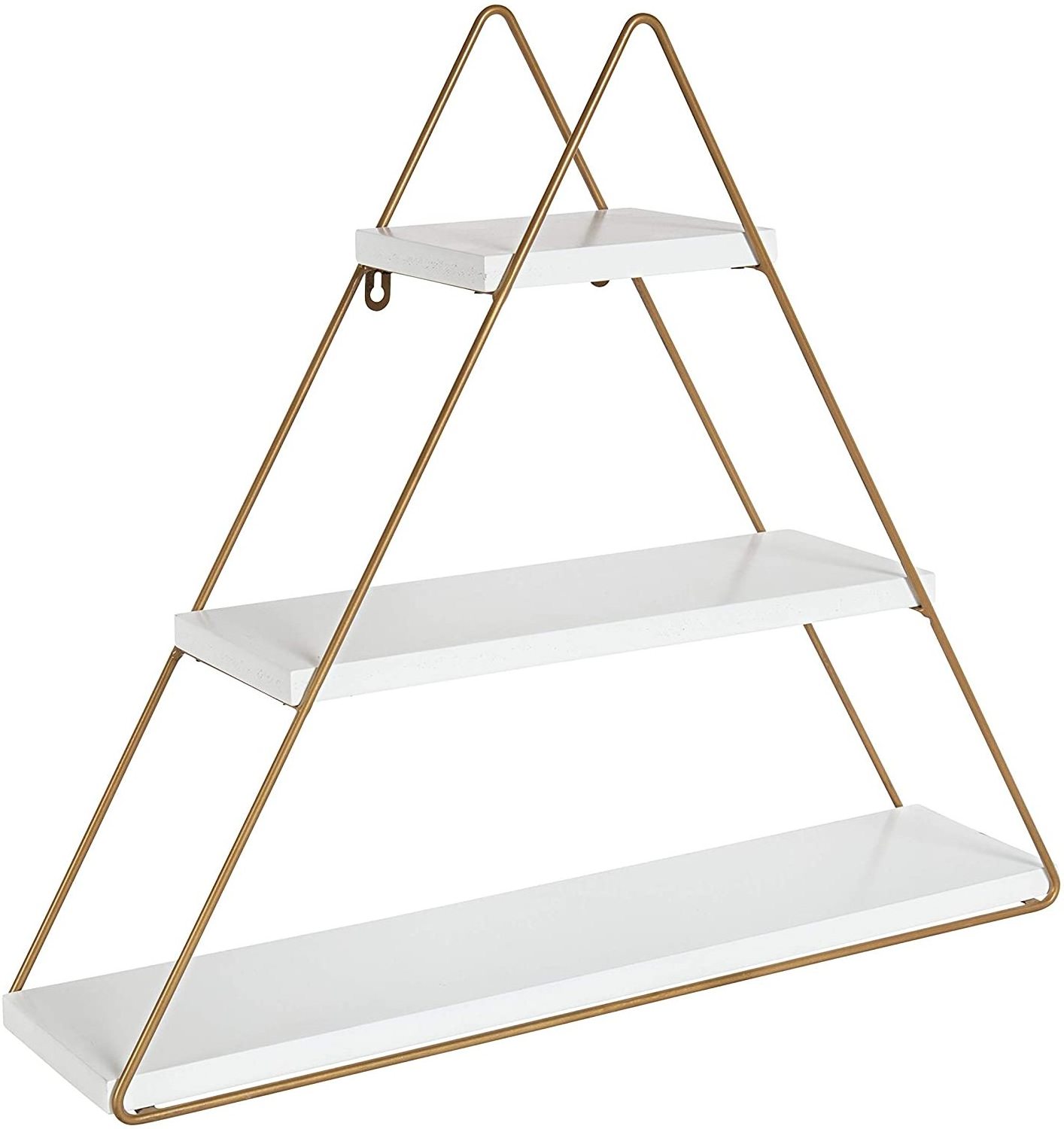 Small Three Tiered Triangle Floating Metal Wall Shelf, White and Gold