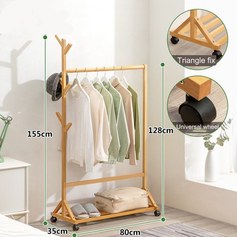 Wooden Heavy Duty Freestanding Garment Tree Rack with Universal Wheel Display Clothing Rack Floor-standing with Shelves