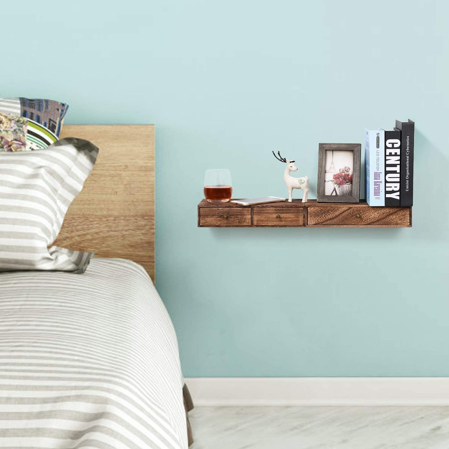 Floating Shelf with Drawer Rustic Wood Wall Shelves for Storage and Display Multiuse as A Nightstand or Bedside Shelf