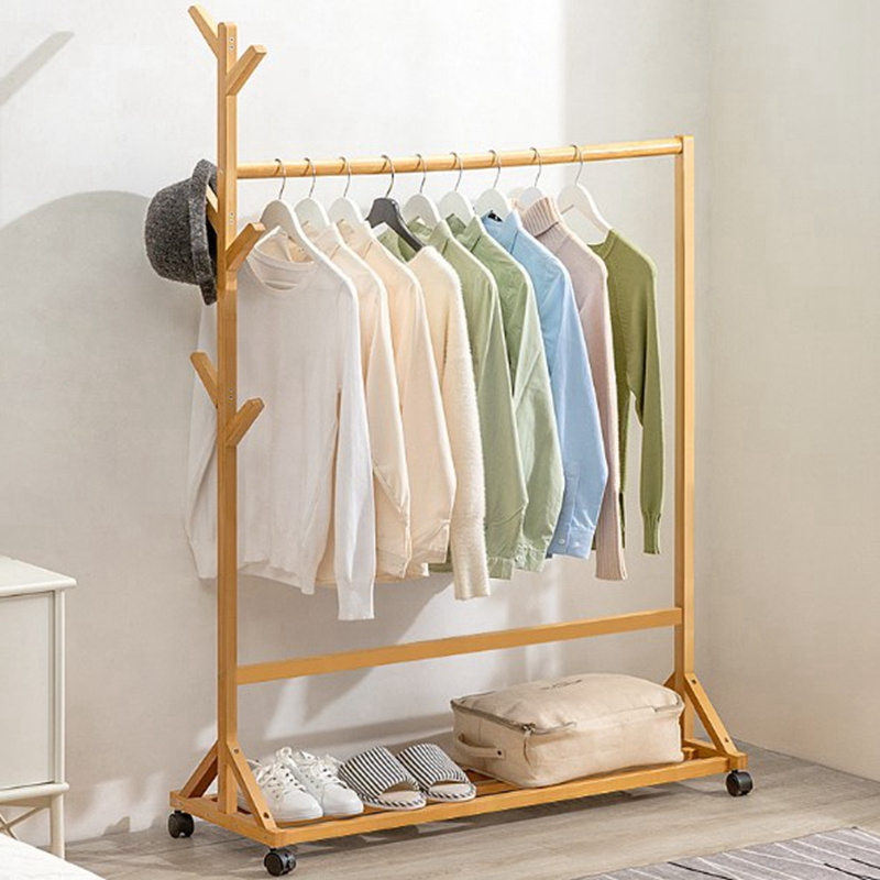 Wooden Heavy Duty Freestanding Garment Tree Rack with Universal Wheel Display Clothing Rack Floor-standing with Shelves