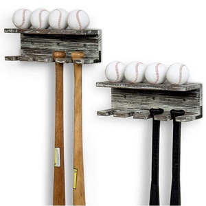 Rustic Torched Wood Wall Mounted Baseball Bat Rack and Ball Storage Shelf, Set of 2